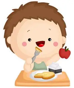 一个孩子吃健康的早餐,里面有苹果牛奶和烤面包照片