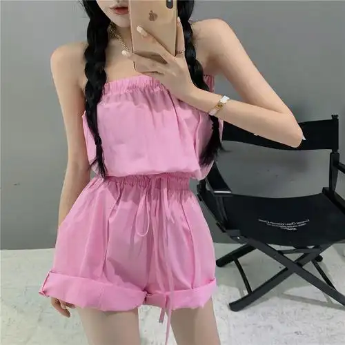 实拍 实价 一字领抹胸连体短裤套装