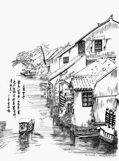 钢笔画:江南雪_古镇