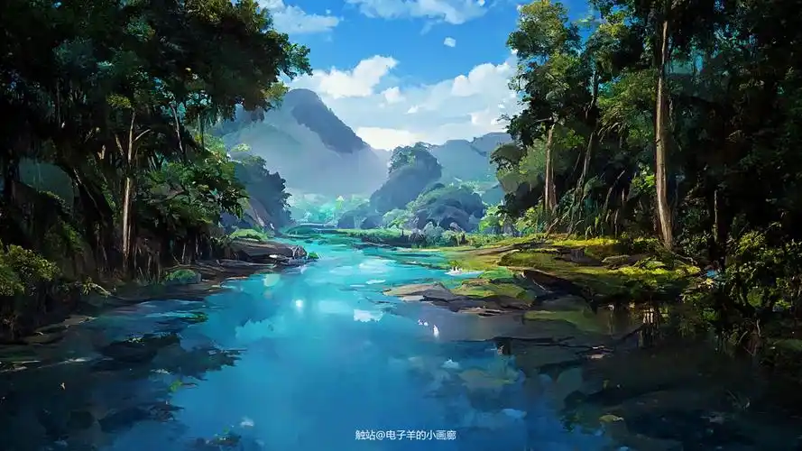 郊外小河边插画图片壁纸