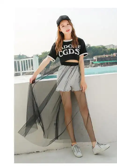 夏季新款超薄透视网纱半身裙女单层黑色打底纱裙高腰外搭透明长裙