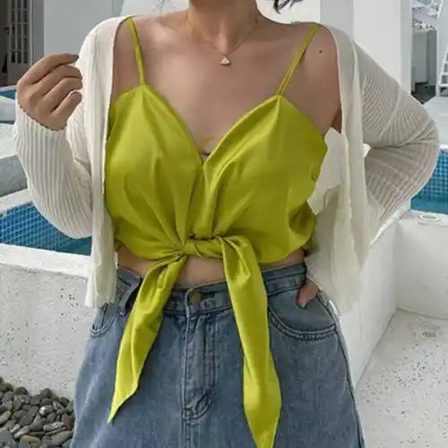 泫雅风上衣 辣妹泫雅风大码吊带背心夏季新款胖mm度假风蝴蝶结蹦