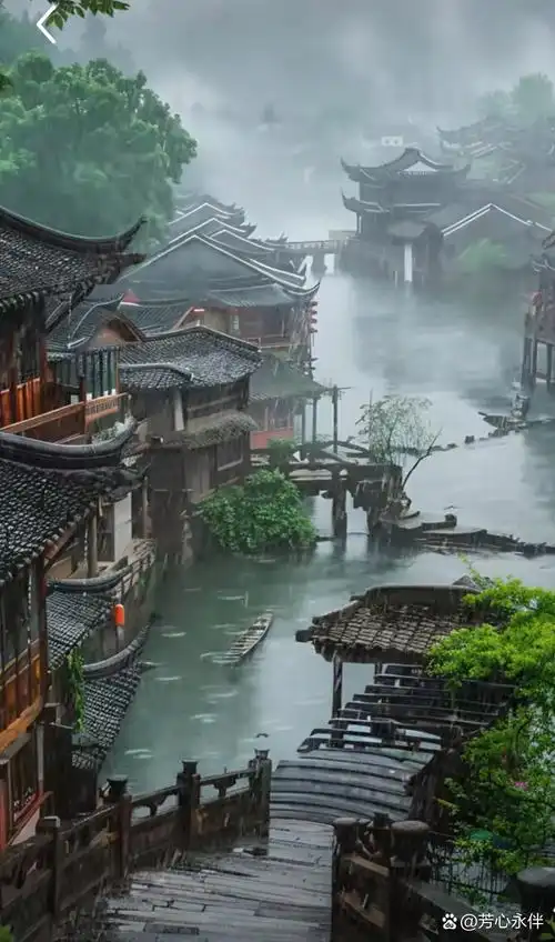 细密的雨丝,如银线般编织着朦胧意境,轻敲在黛瓦之上,滴答作响,似在