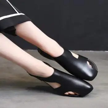shuyue断码手工英伦皮露趾帅气凉鞋平底低跟套脚软底牛皮帅气黑色35