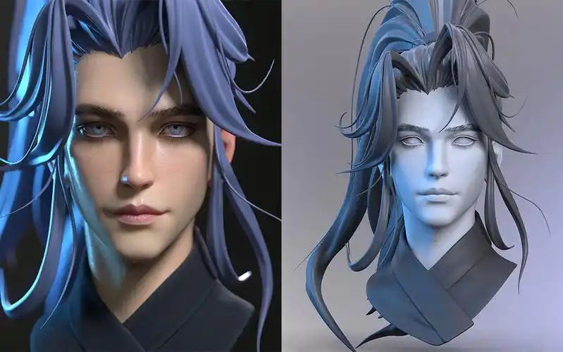 【zbrush】高精度次世代角色"男头"模型雕刻,zbrush人物建模,zb头发