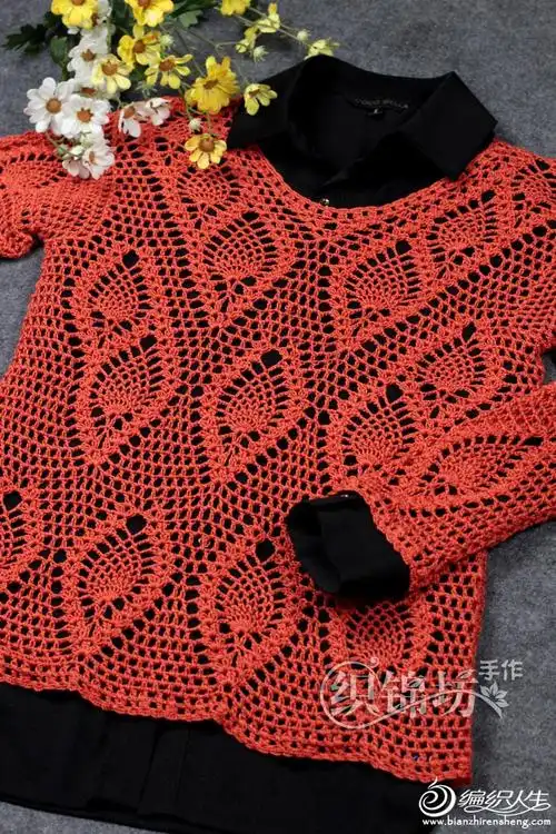 别致的女士钩针菠萝花长袖套衫