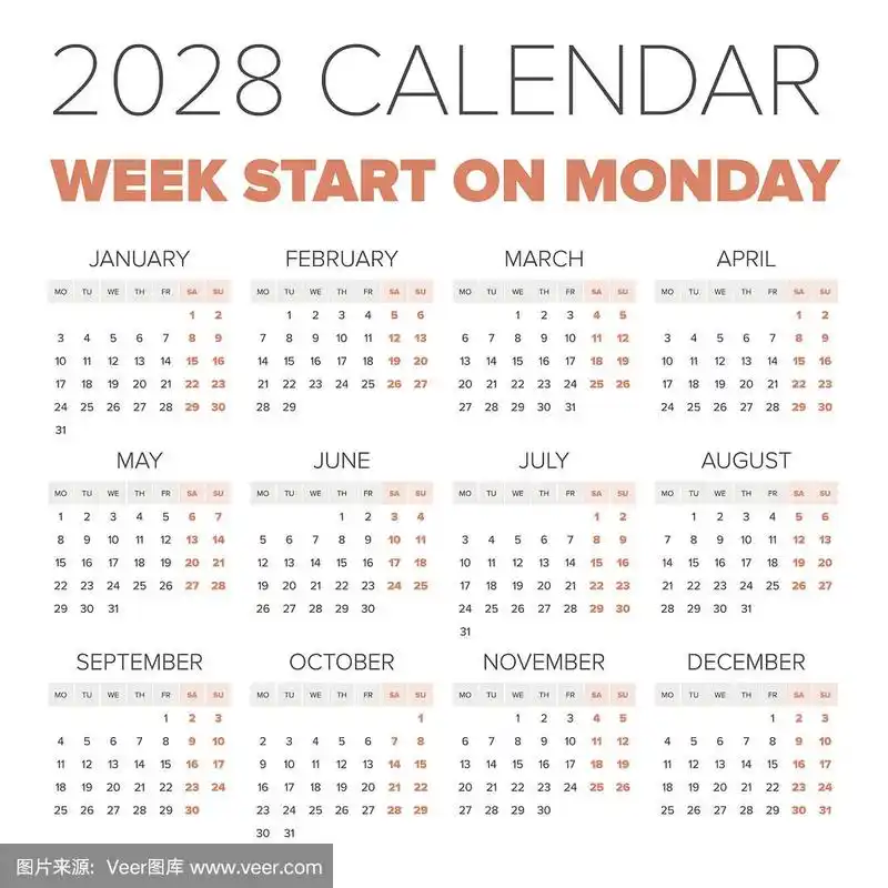 简单的2028年日历