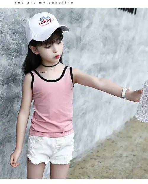 女童夏天纯色汗衫儿童时尚潮范中大童女孩子纯棉针织黑边吊带背心