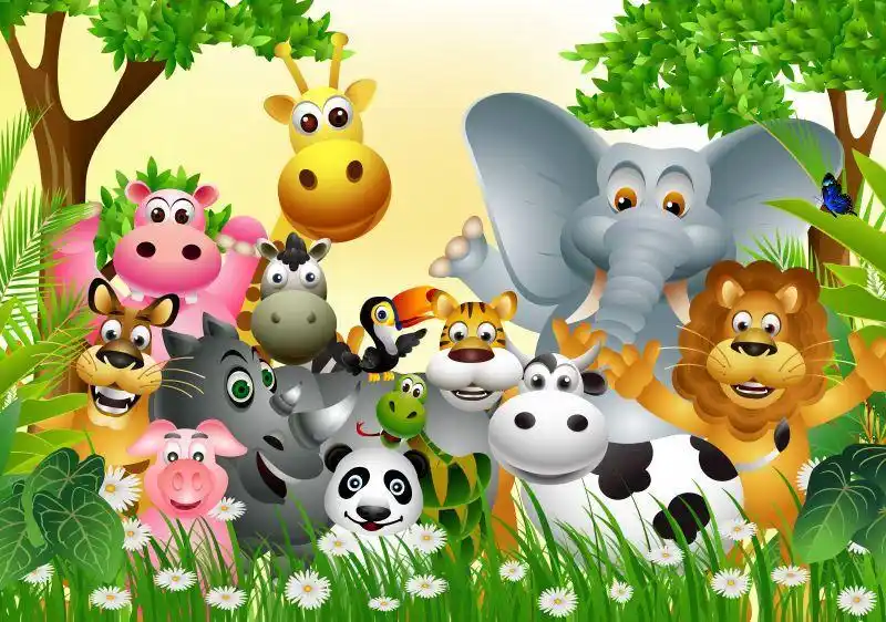 矢量的带空白标志和热带森林背景的动物卡通