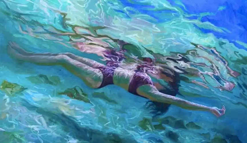 粗糙的大笔触画出水下的泳装美女给人一种超写实的感觉