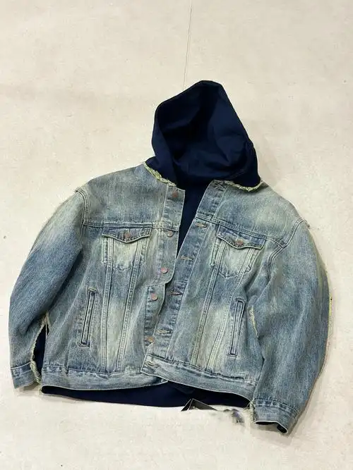 重磅拼接假两件毛边刺绣阔版连帽牛仔衣外套夹克巴黎解构