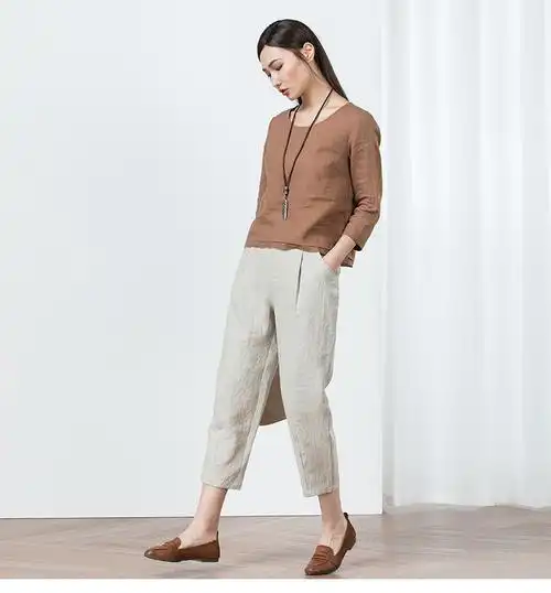 拉夏贝尔七分亚麻裤女宽松棉麻哈伦裤休闲老爹萝卜裤麻料女裤夏季薄款