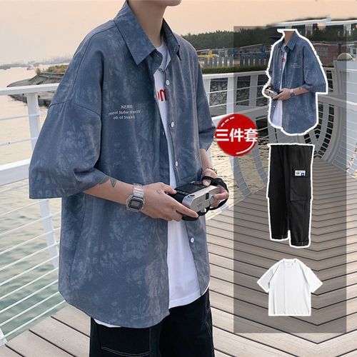 休闲套装男夏季韩版潮流帅气男装三件套2021新款夏天潮男一套搭配