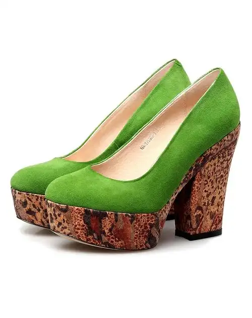 草绿色羊皮高跟欧美防水台浅口单鞋