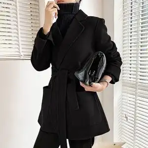呢子小西装外套女2021韩版冬季轻奢黑色显瘦气质加厚系带毛呢大衣