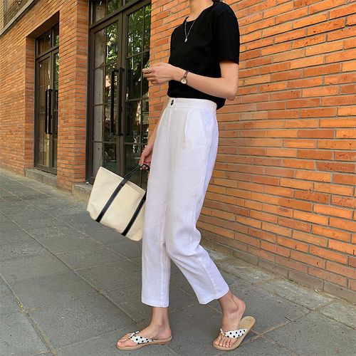 夏季2022新款亚麻哈伦九分显瘦白色休闲筒裤休闲裤