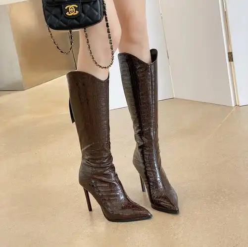 恨天高长靴女式尖头细跟靴子女士不过膝高筒靴子秋冬季v口灰色骑士靴