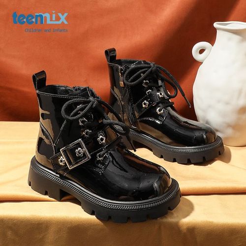 天美意2022秋季新款软底男潮女宝宝靴子黑色小孩大童短靴儿童皮靴