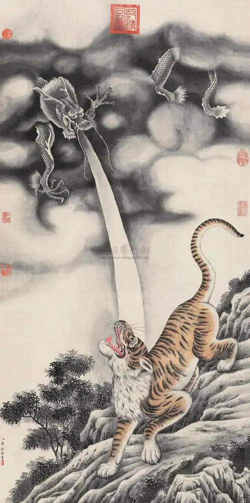 【龙虎斗图 立轴 设色绢本】拍卖品_图片_价格_鉴