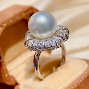 18k金钻石镶嵌豪华两戴款12-13mm海水珍珠南洋金珠戒指配件空托