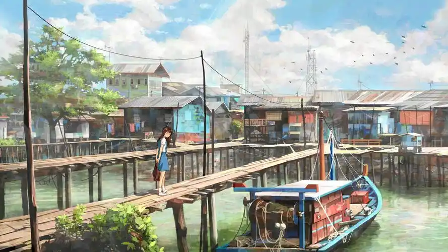 插画手绘船房子蓝天晴朗女孩桌面壁纸壁纸