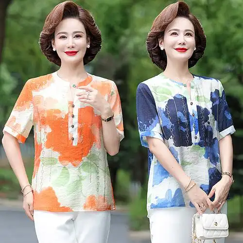 中年妈妈夏装假两件小衫上衣洋气套装50岁中老年女装气质短袖t恤