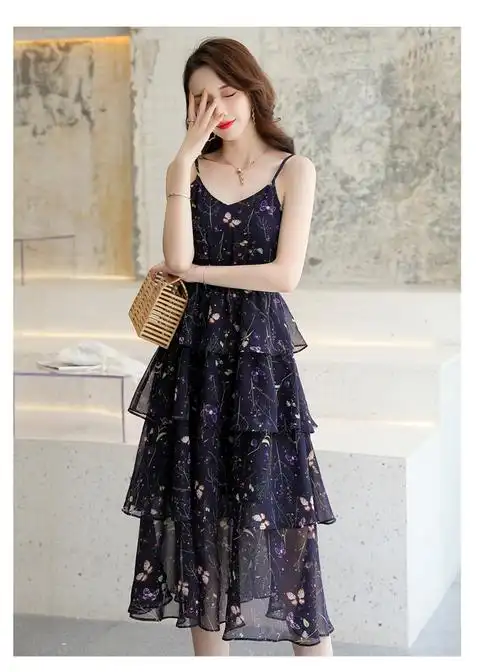 2021夏装新款夏季女装时尚气质韩版女士背心裙仙女裙沙滩裙吊带裙雪纺