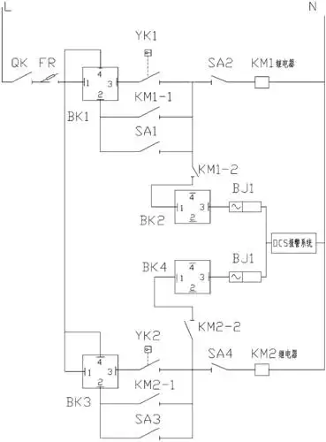 控制回路熔断器fr,选择开关bk1,启动按钮sa1,停止按钮sa2,交流接触器