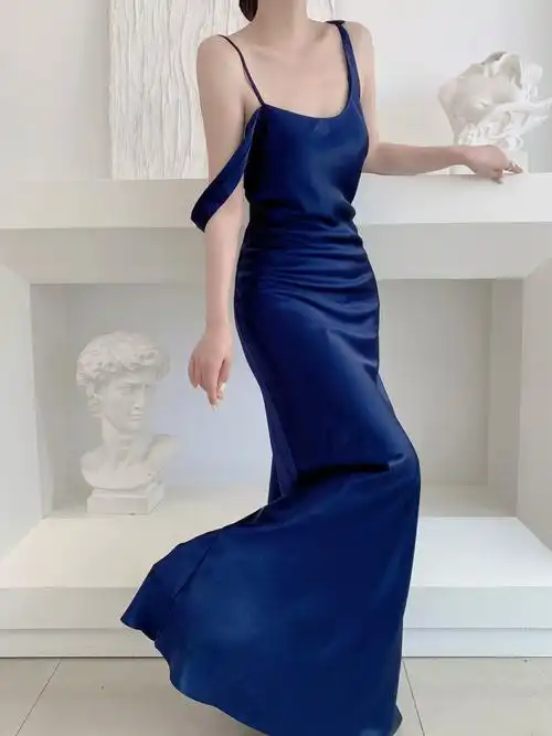 moony love蓝色轻礼服女新娘醋酸鱼尾婚礼晨袍温柔优雅露背敬酒服 -