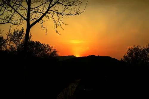 斜阳西下,落日余晖里的山村,山,树,人都沉浸在夕阳红中,很唯美也很