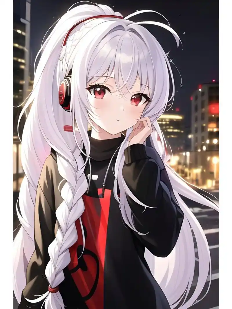 夜晚戴耳机的优雅女孩,动漫二次元绘画人物