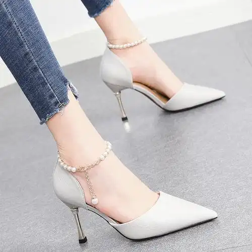 法式少女珍珠一字高跟鞋2021年新款时尚百搭细跟单鞋