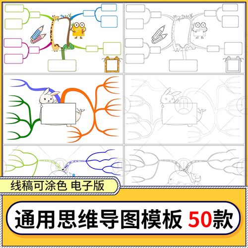 学生卡通读书阅读知识点通用思维导图设计素材黑白涂色线稿模板