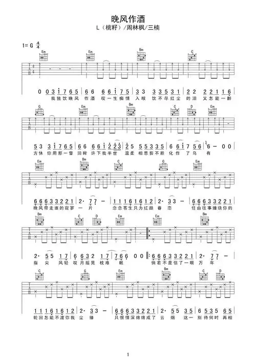 扫弦版《晚风作酒》c调吉他谱弹唱谱 - 六线谱 - 桃籽 - 吉他简谱