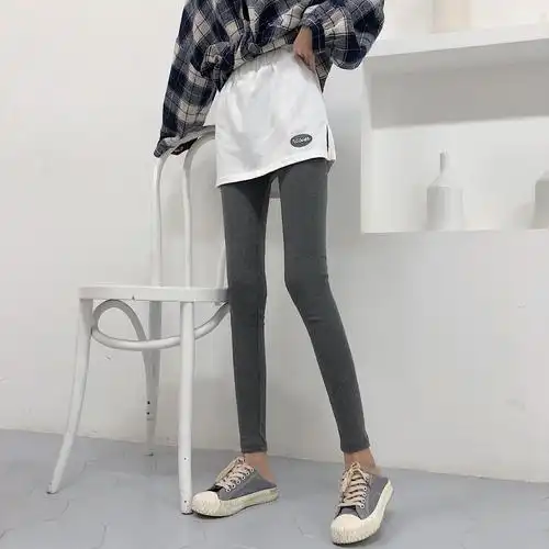 孜牧秋季2019新款韩版假两件短裙灰色打底裤女外穿高腰显瘦紧身小脚裤