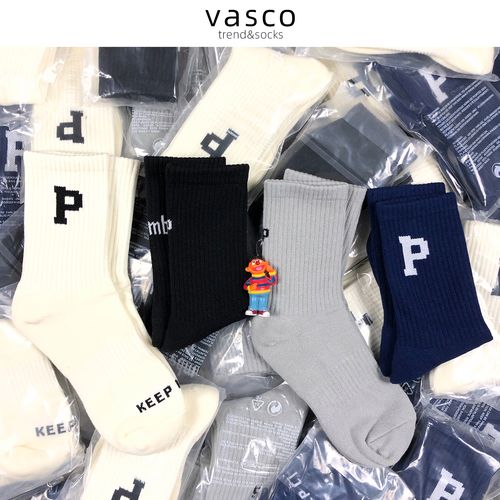 韩国小众潮牌p字母英文毛巾底袜子柔软舒适中筒袜百搭ins网红情侣