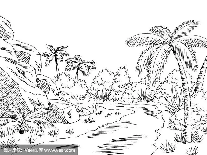 丛林道路图形黑白景观素描插图矢量