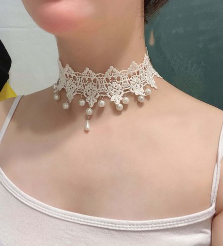 韩国复古超仙白色蕾丝珍珠吊坠项圈choker甜美温柔短款颈带锁骨链