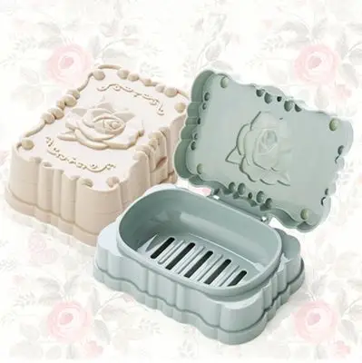 沥水肥皂盒 时尚翻盖立体雕花塑料肥皂架密封香皂盒 玫瑰花皂盒