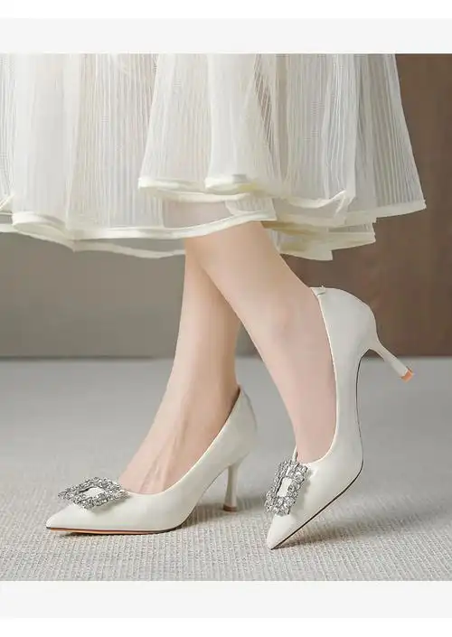 2024春秋新款高跟尖头细跟单鞋方扣水钻浅口气质女鞋