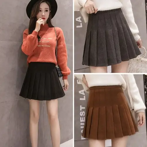 百褶裙女秋冬裙子高腰半身裙2019新款短裙学院大码毛呢裙a字裤裙
