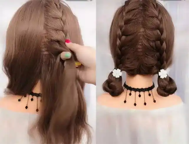 直接额头抓取两段头发,这个发型比较简单易学,//>马尾辫 就算过渡