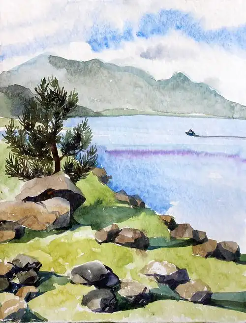 18张水彩山地风景画高清图片下载