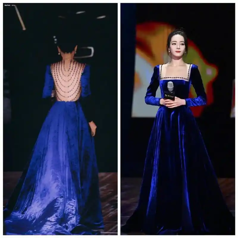 迪丽热巴的蓝丝绒高定礼裙,宛如夜空中的蓝宝石,闪耀着高贵与优雅.