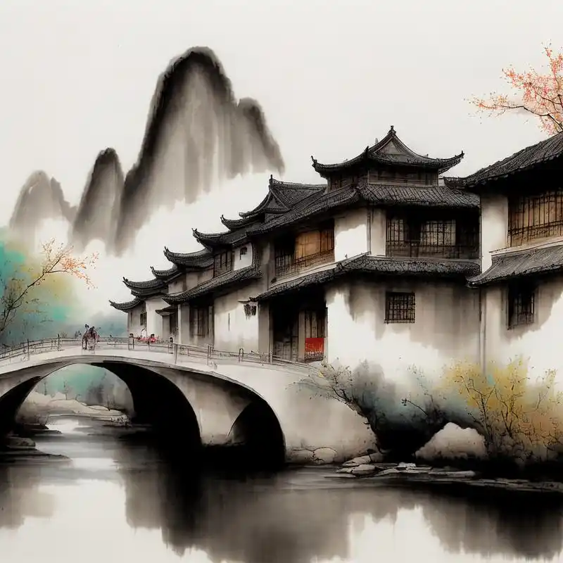 小桥流水人家的山水画,太美了.