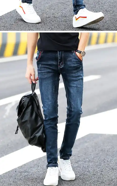 男士牛仔裤紧身青年直筒春天修身小脚初中学生牛子库春季裤子男