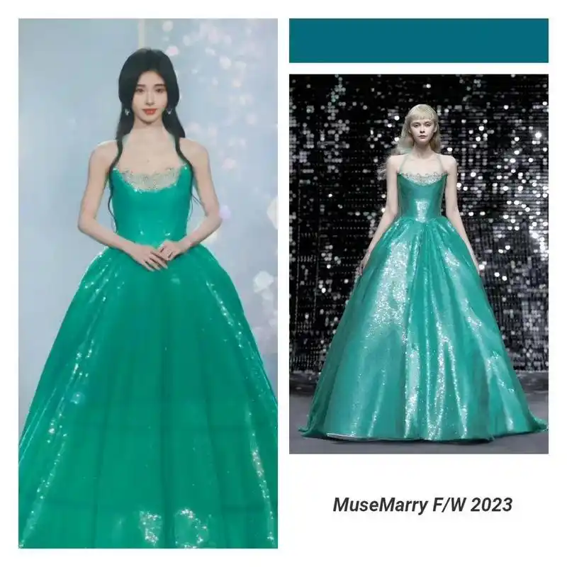 鞠婧祎 snh48十周年演唱会开场造型 ,身着一袭绿裙,呈现精致灵动的