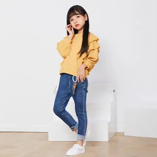 bantyna班蒂纳女童牛仔裤秋季中大童新款宽松卷裤角松紧腰儿童休闲工