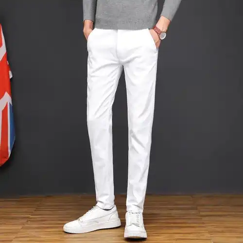 夏季白色裤子男士休闲裤修身韩版百搭纯白色青年商务夏装长裤男潮