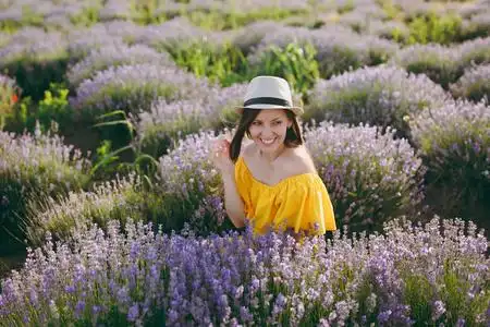在夏季自然背景下, 紫色薰衣草花草场户外的年轻美女肖像.